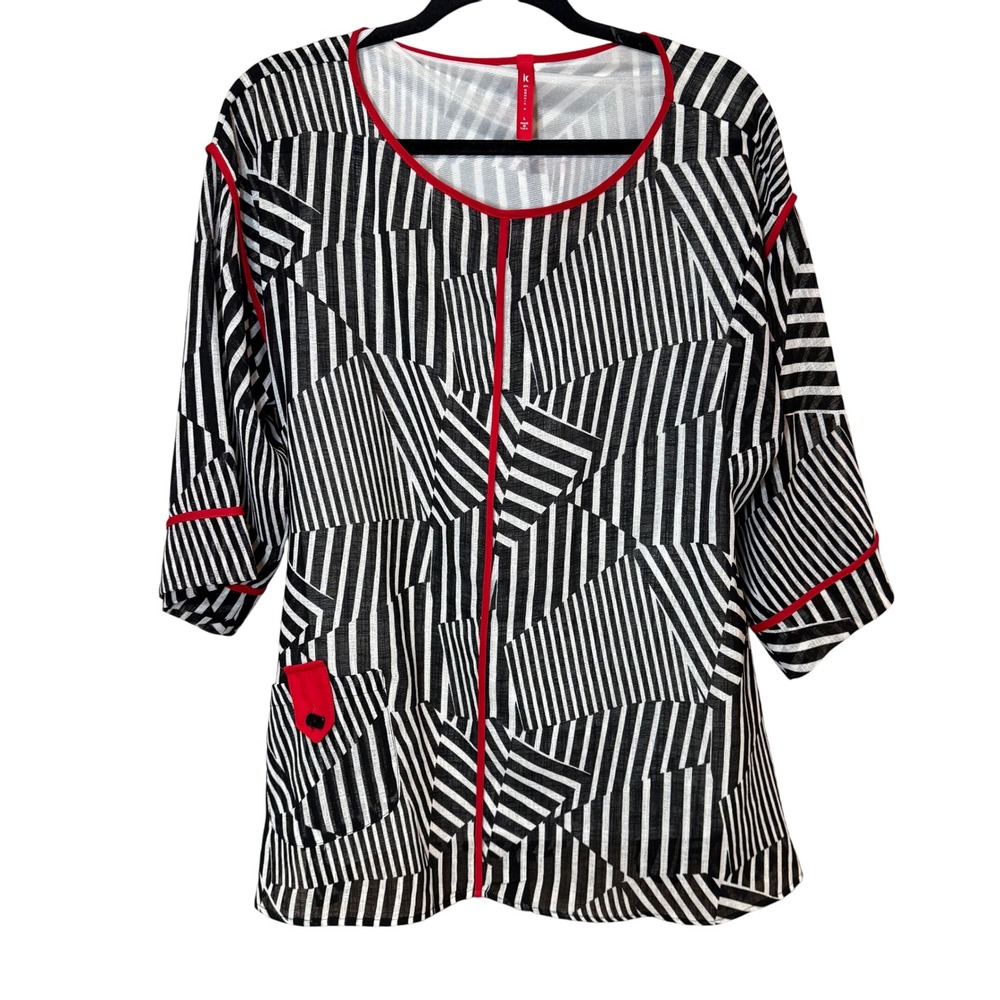IC By Connie K Asymmetrical Abstract Tunic‎ Blouse Red White Black Size Large